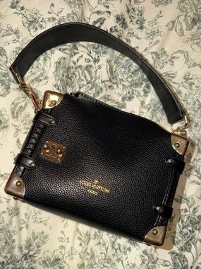 Black Leather Trunk-Style Shoulder Bag with Gold Hardware